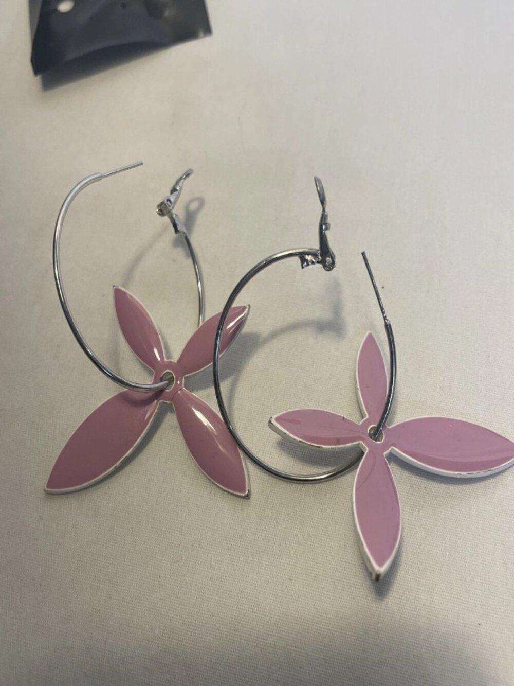 Pink Enamel Frangipani Flower Hoop Earrings Tropical Floral Charm Costume Jewelr - Picture 2 of 8